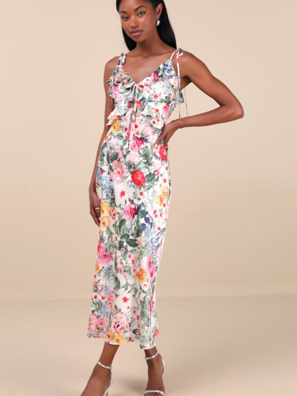 Lulus Clelia Ivory Multi Floral Satin Ruffled Tie-strap Midi Dress White
